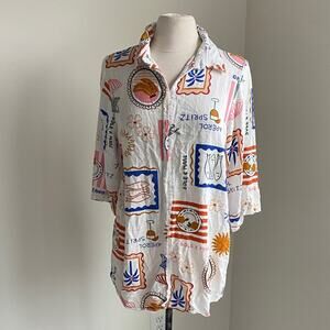 LABEL OF LOVE Linen Blend Graphic Button Down Womens Sz Medium Cream